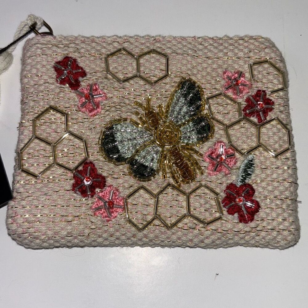 NWT America & Beyond Rose Gold Beaded Bee cosmetic/purse bag